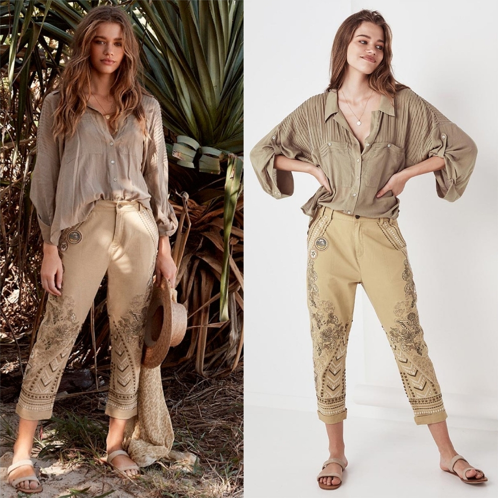 New spell designs linda shirt blouse khaki taupe M